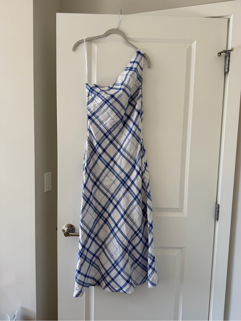 Madewell White and Blue Plaid One-Shoulder Dress